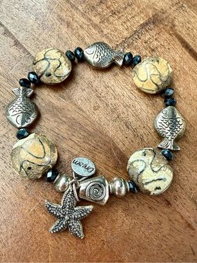 VTG SJO Sterling Silver .925 Picture Jasper Nautical Starfish Fish Bracelet